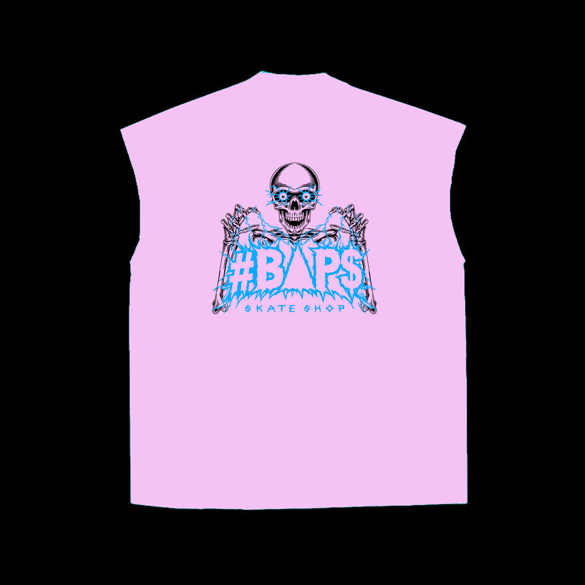 Pink sleeveless #BAP$ Skate Shop top with skeleton graphic and blue lettering