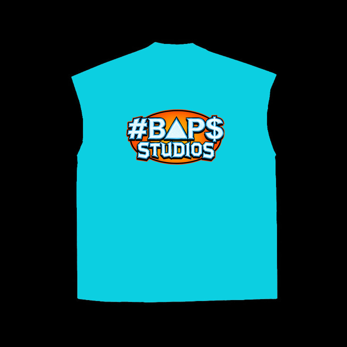Turquoise sleeveless #BAP$ Studios top with orange oval chest logo