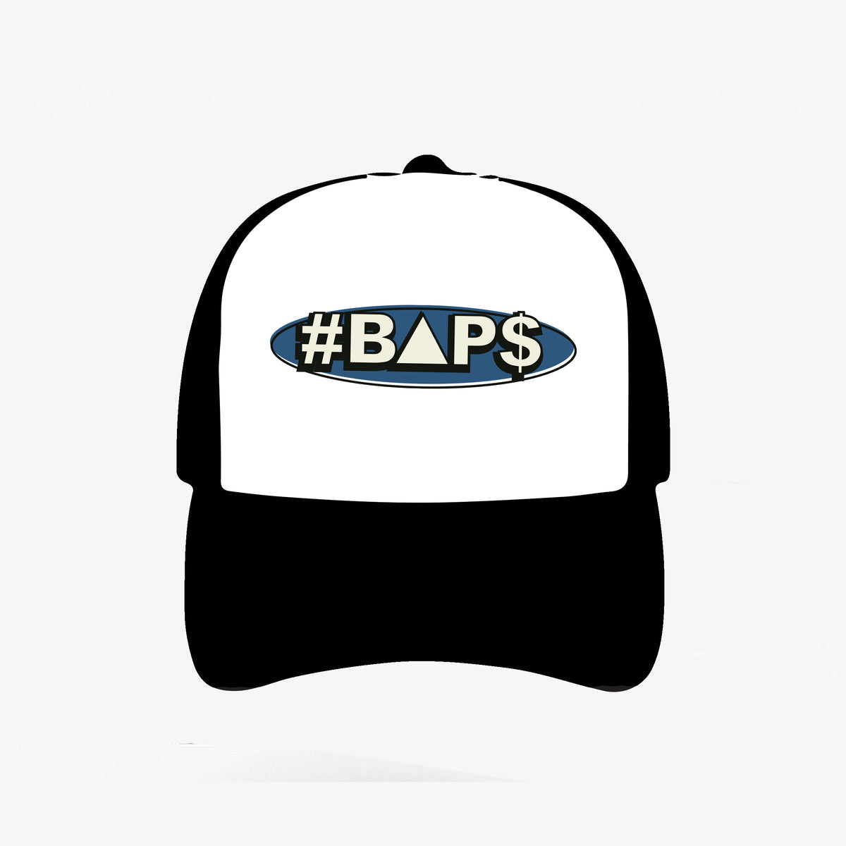 Black and white #BAP$ cap with blue oval classic logo