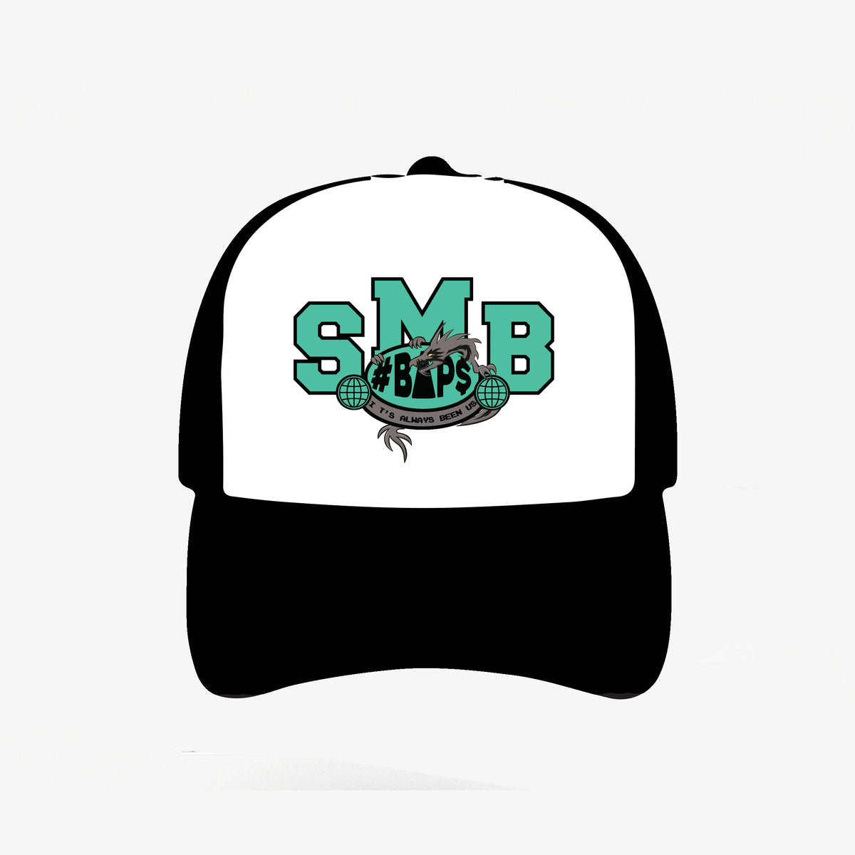 Black and white cap with mint-green SMB lettering and #BAP$ emblem