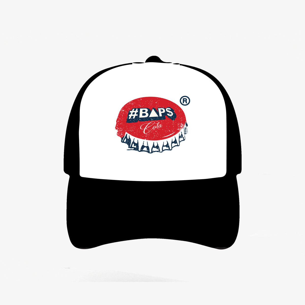 Black and white cap with red #BAP$ Cola bottle-cap graphic