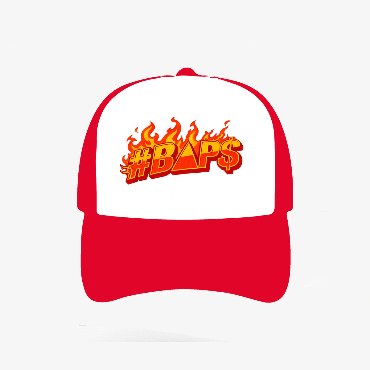 Red and white #BAP$ cap with orange and yellow flame logo