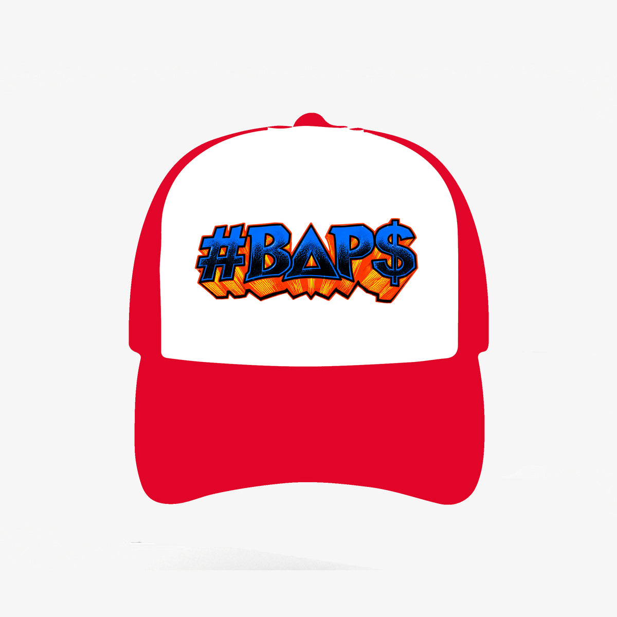 Red and white #BAP$ cap with blue logo and orange dimensional shadow