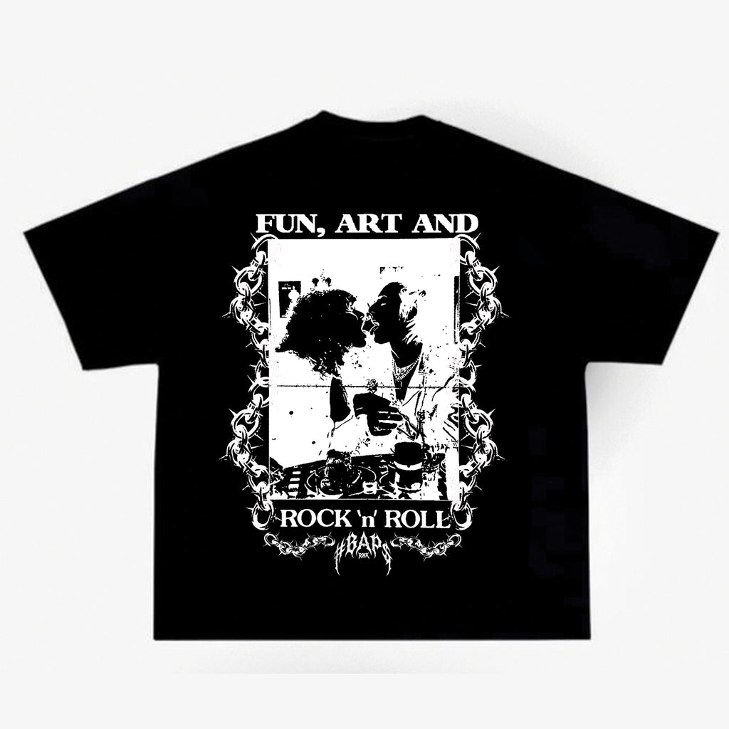 Black Rock T-shirt back with framed monochrome artwork and Rock n Role lettering