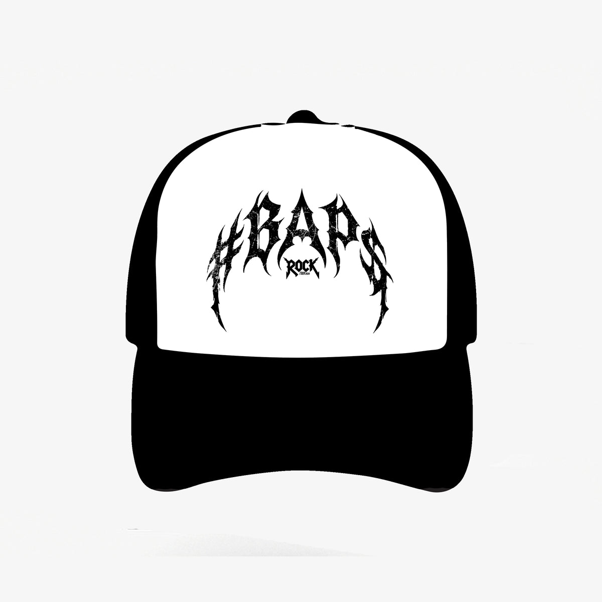 Black and white cap with black #BAP$ Rock logo