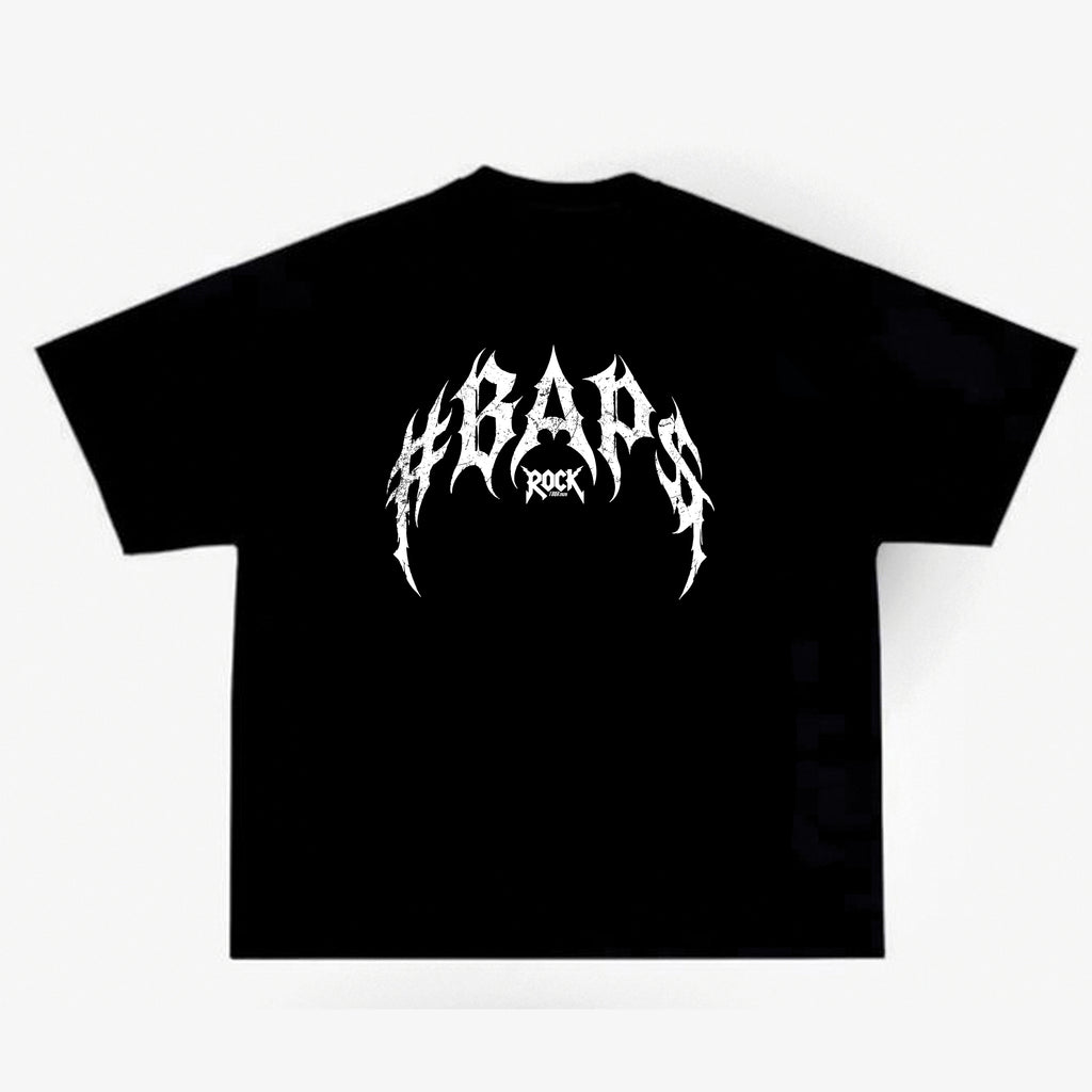 Black #BAP$ Rock T-shirt front with white pointed logo lettering