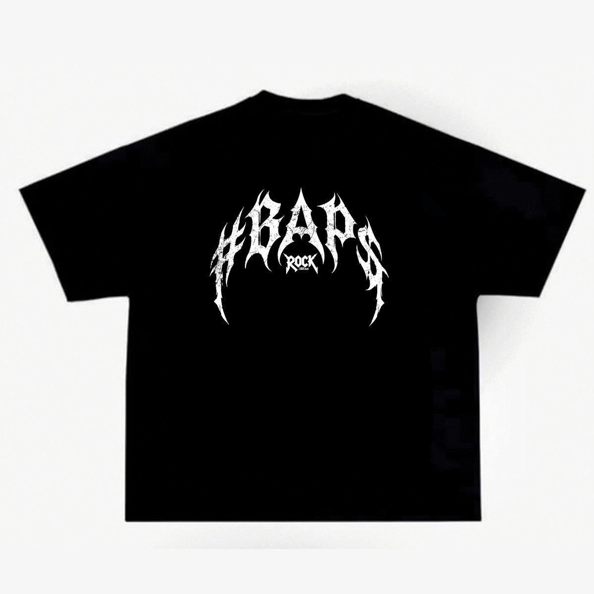 Black #BAP$ Rock T-shirt front with white pointed logo lettering