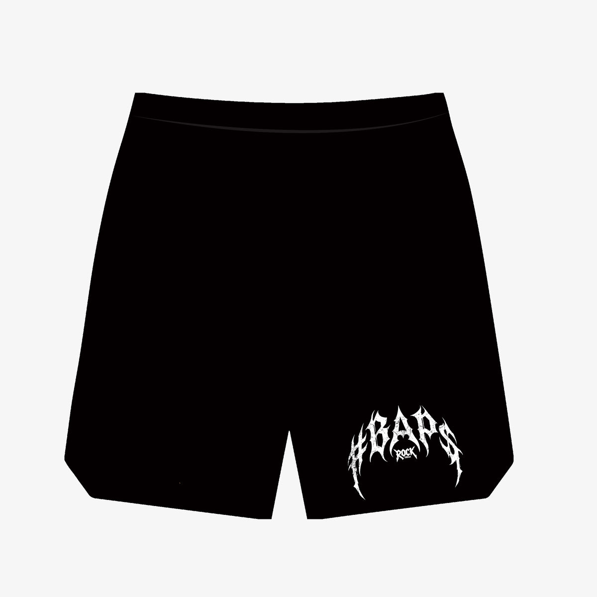 Black #BAP$ shorts with white Rock logo near hem