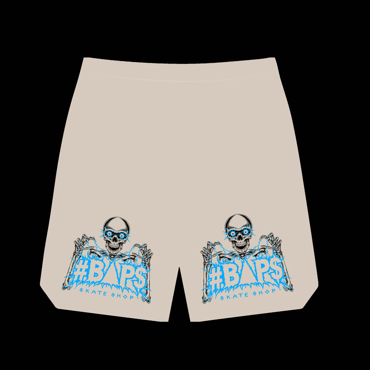 Cream #BAP$ Skate Shop shorts with skeleton graphics and blue lettering on both legs