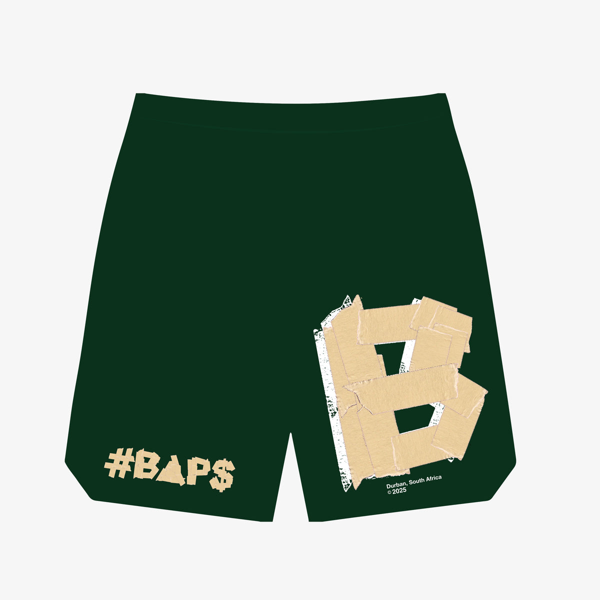 Green #BAP$ shorts with oversized cream B graphic and logo lettering