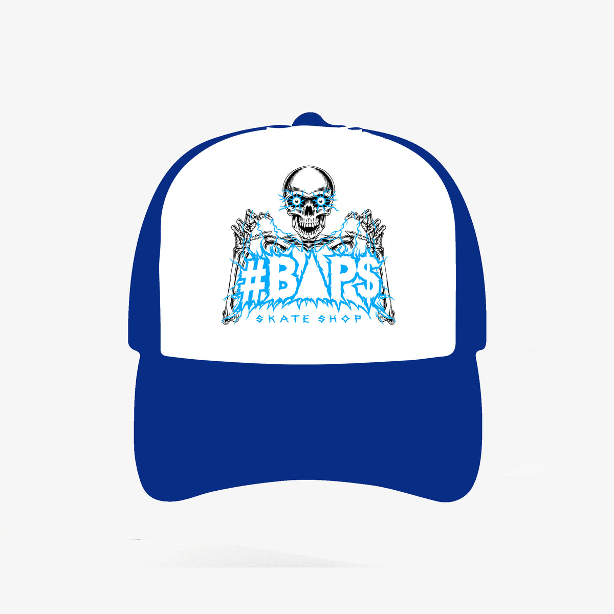 Blue and white #BAP$ Skate Shop cap with skeleton artwork