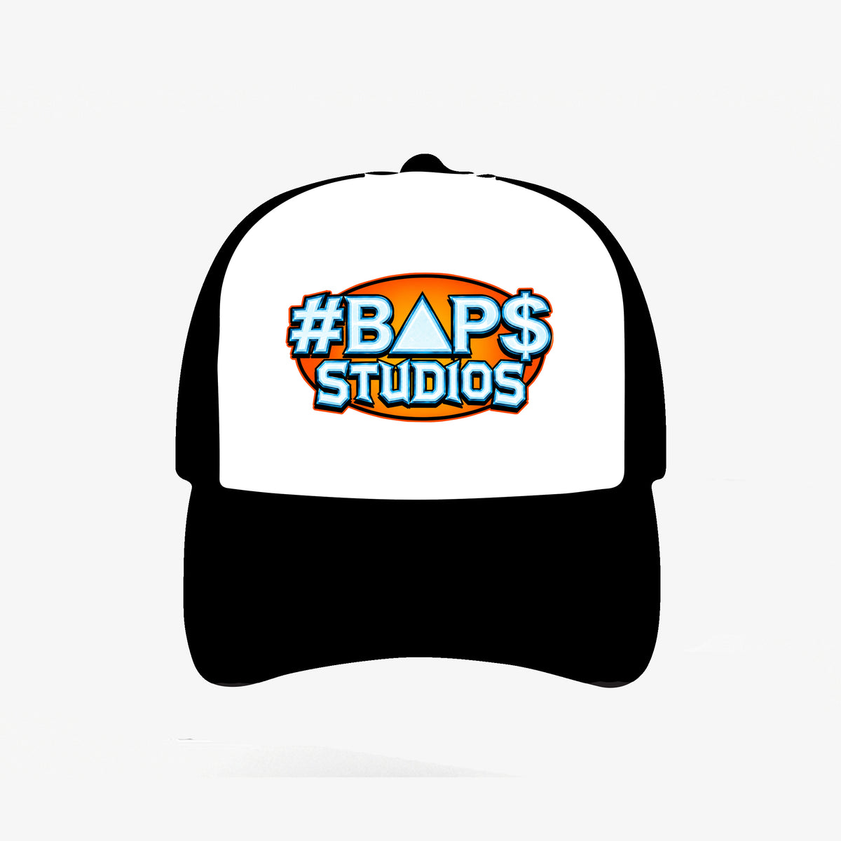 Black and white #BAP$ Studios cap with orange oval logo