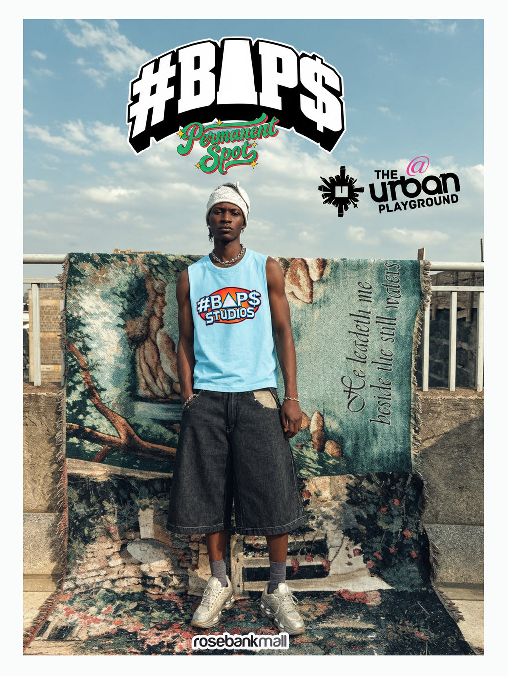 Model wearing the turquoise #BAP$ Studios tank top with wide-leg denim shorts